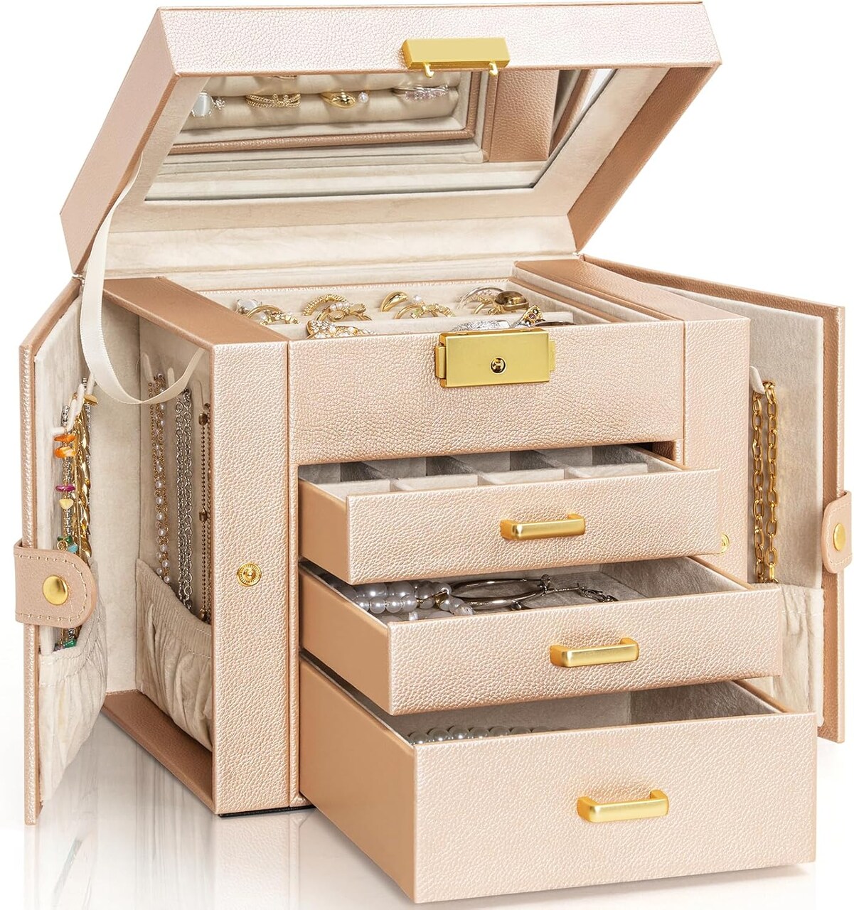 4-Tier Jewelry Box Leather Jewelry Storage Organizer with 3 Drawers Lockable for Women Girls Ring Necklace Earring Bracelet Watches Holder with Mirror Champagne